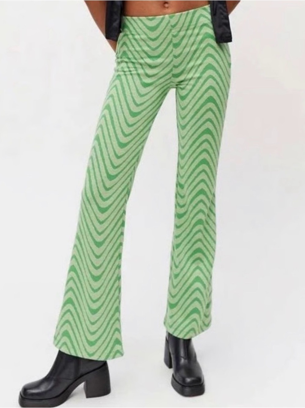 Urban Outfitters Green Wave-Print Flare Pants